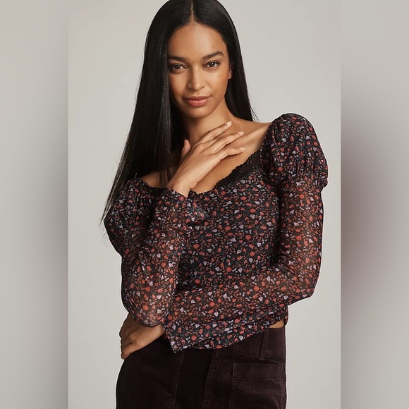 Maeve Mutton-Sleeve Scoop-Neck Ditsy Floral Top Size Large - Picture 1 of 6